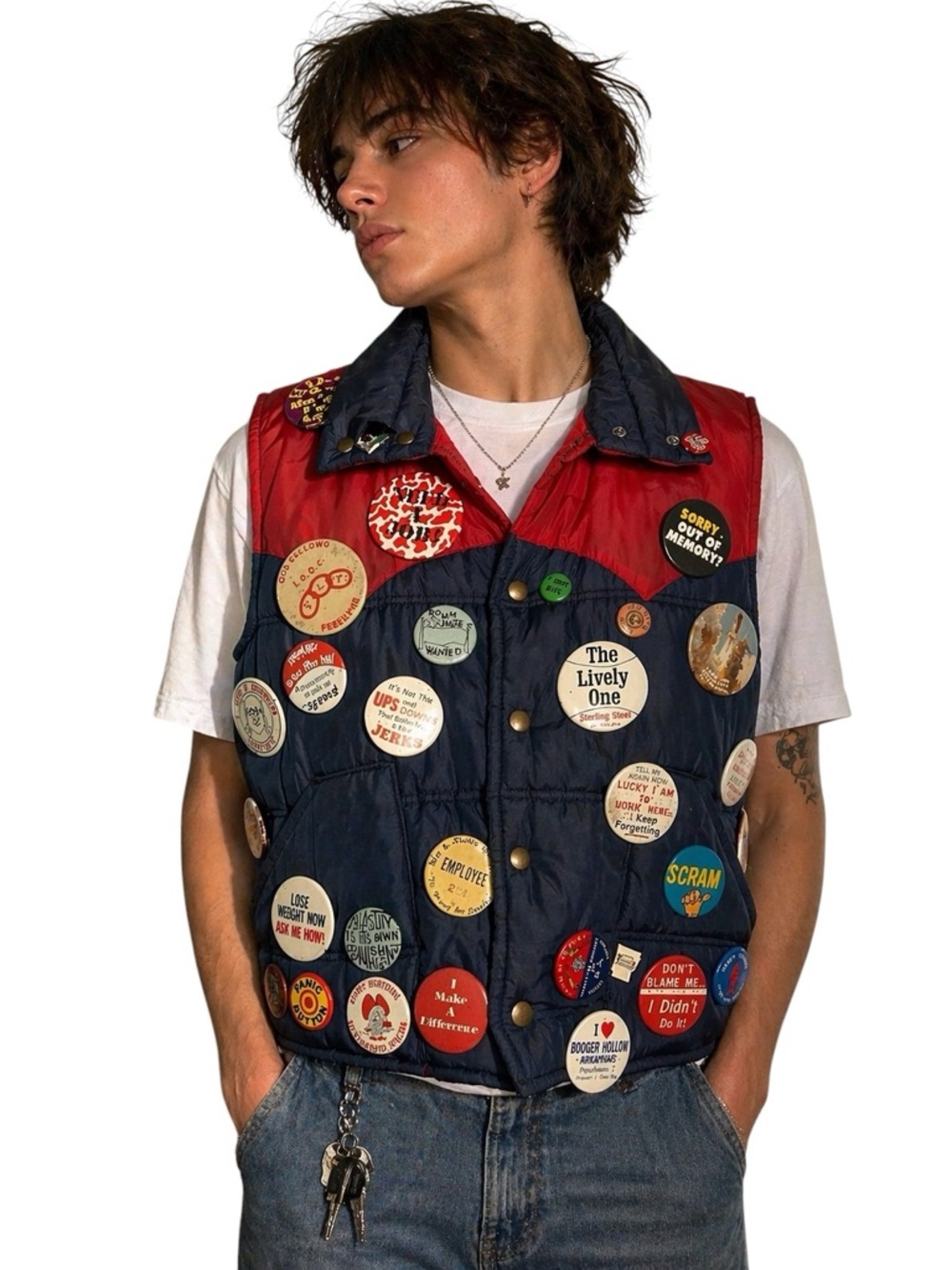 Vintage Puffer Vest w/ 50+ Pins Red Blue Snap Button Collectible Americana
